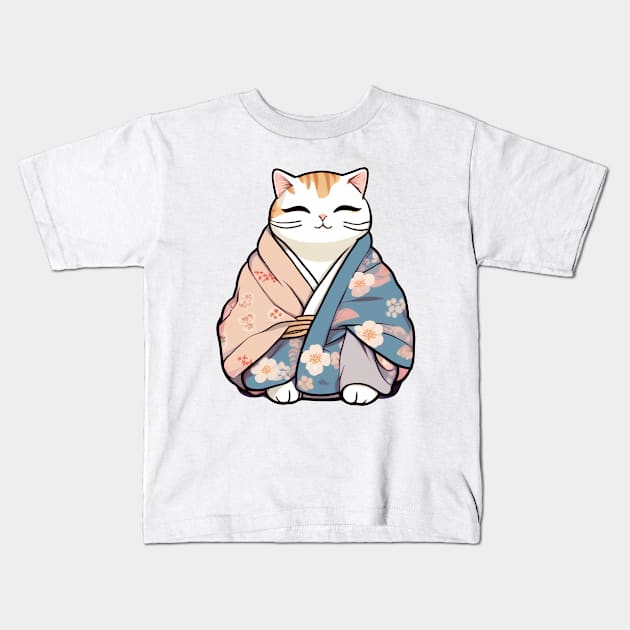 Cute Cat in a Japanese Kimono Kids T-Shirt by InkPulse